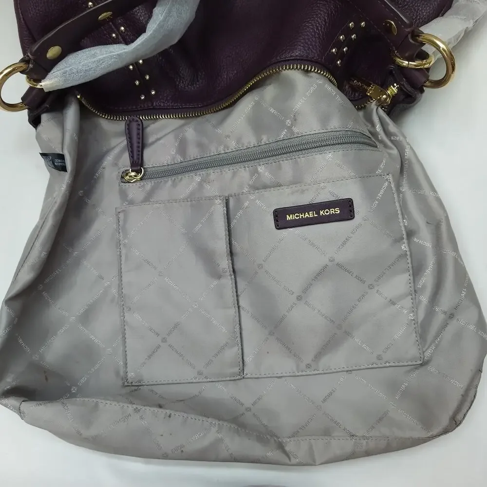 Michael Kors Aria Purple Pebbled Leather Studded Zipper Closure Shoulder Bag